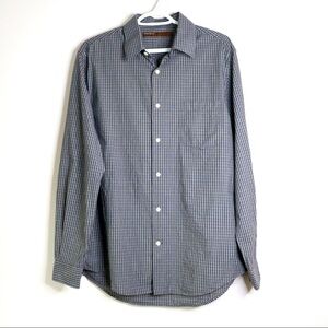 Perry Ellis Men Grey Plaid Button Up Shirt Medium Long Sleeve 15.75 Inch Neck